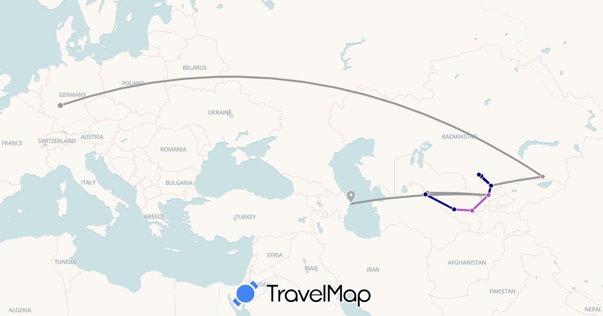 TravelMap itinerary: driving, plane, train in Azerbaijan, Germany, Kazakhstan, Uzbekistan (Asia, Europe)